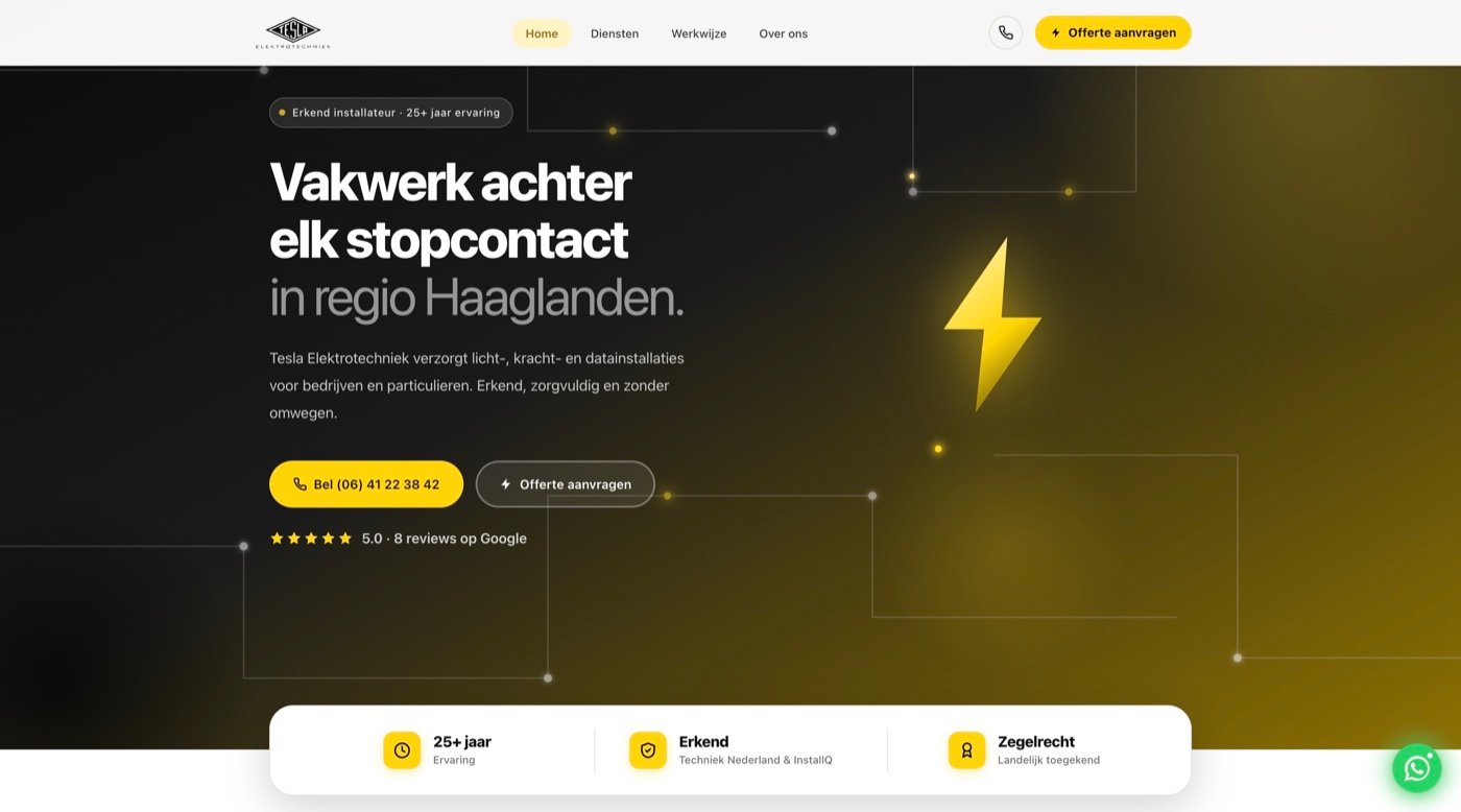 De website van Tesla Elektrotechniek